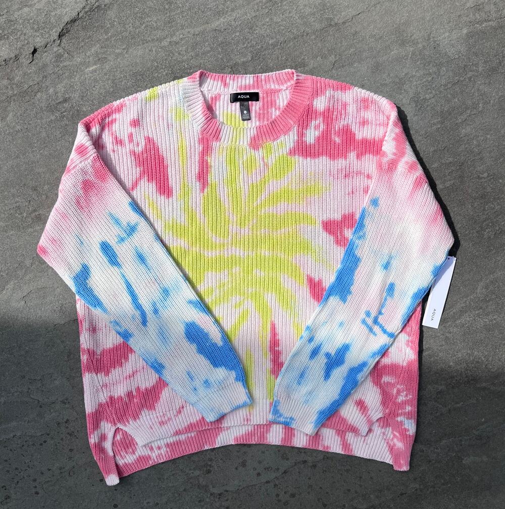 AQUA Bloomingdales NWT Tie Dye Cotton Knit Sweater Ecru Pink Blue L Boxy